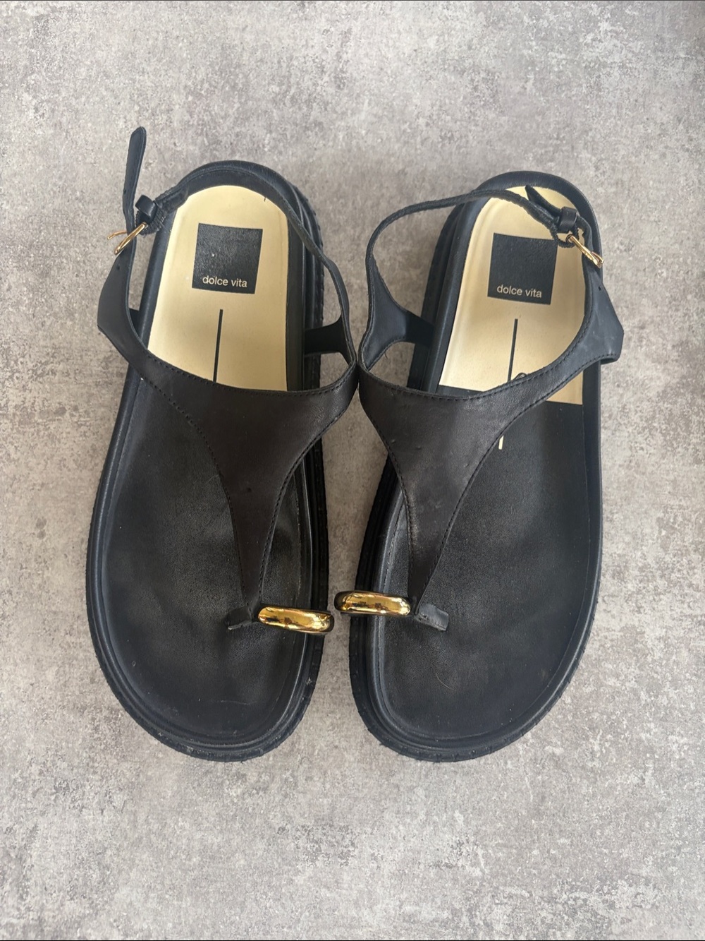 Dolce Vita Black Leather T-Strap Sandals with Gold Toe Accent - 8